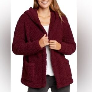 Eddie Bauer Campfire Plush Fleece Burgundy Sherpa Open Front Hooded Cardigan